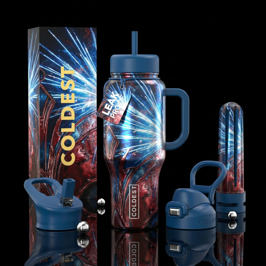 Blue, White beams of bright light. crimson, explos... water bottle design