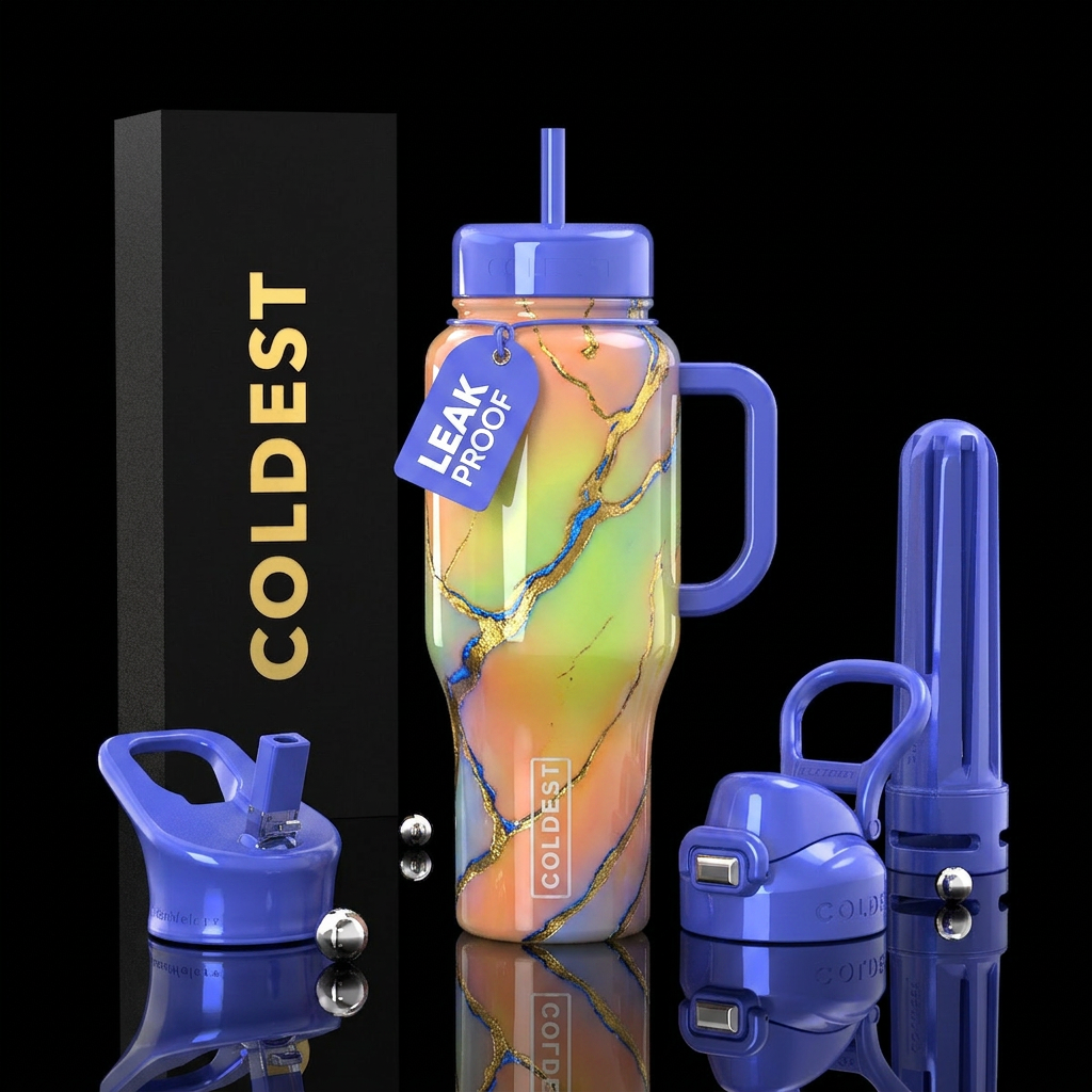 Veins of glossy blue and gold veins, Blended peach... water bottle design