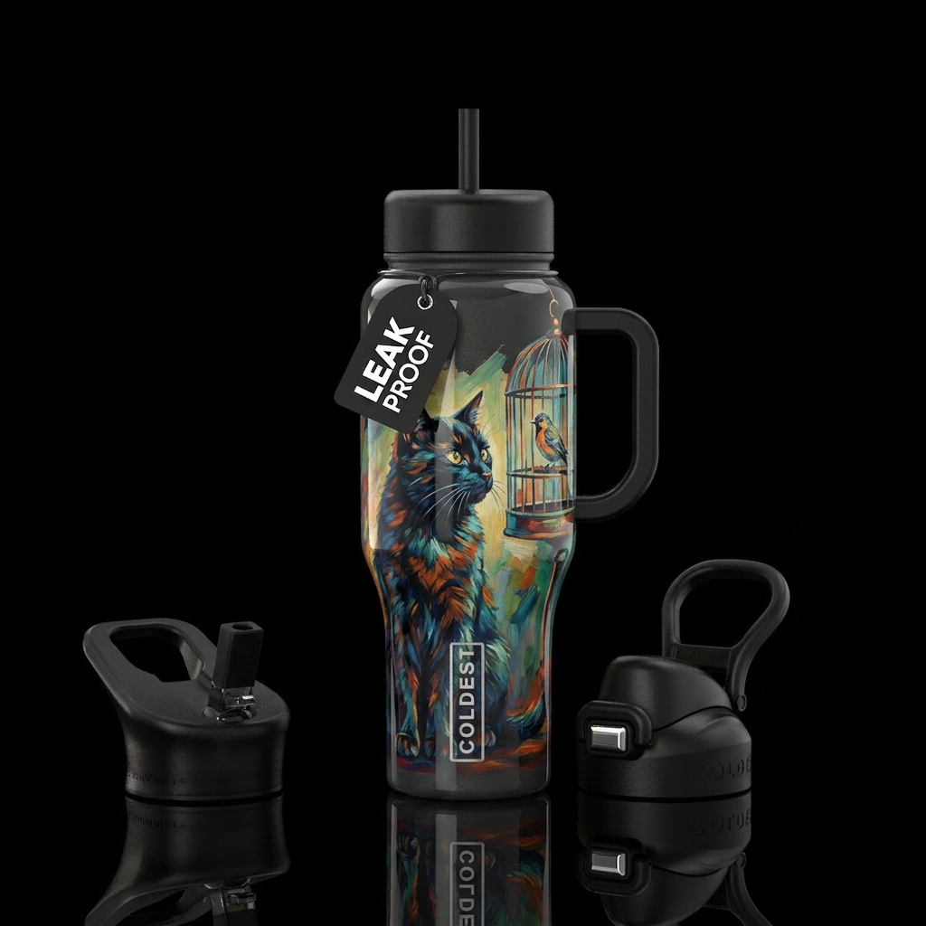 Realism, Cat watching bird in a bird cage, watchfu... water bottle design