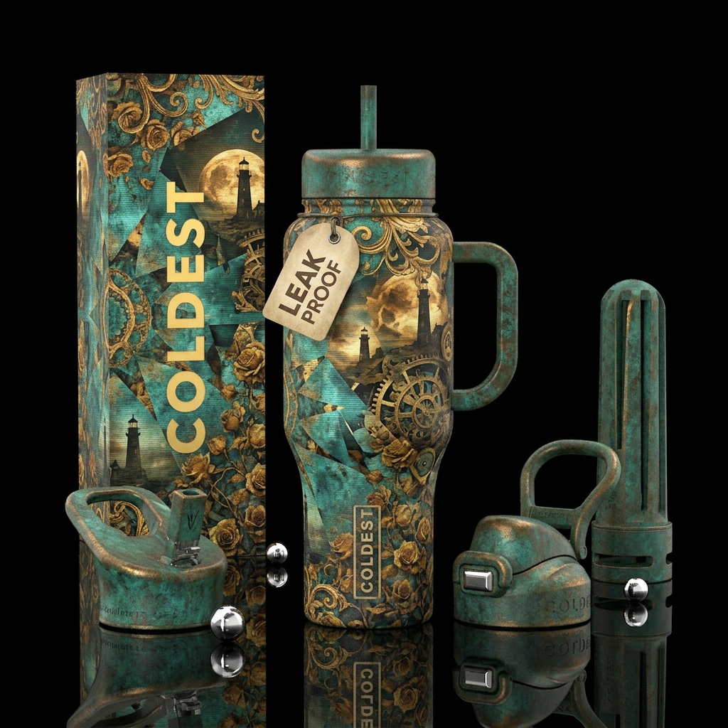 ancient, rigid, kaleidoscope, surreal, scanlines, ... water bottle design
