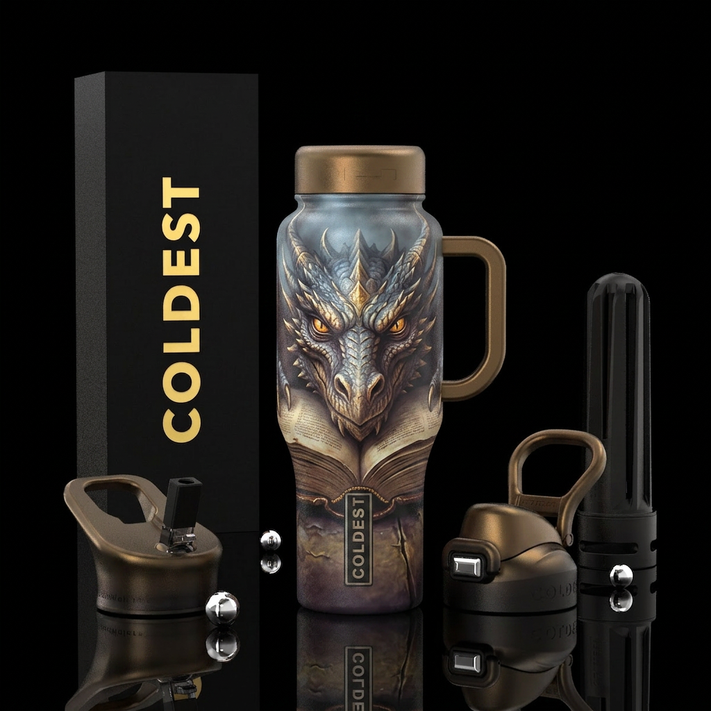 Blue gray, Dragon face forward, foggy background, ... water bottle design