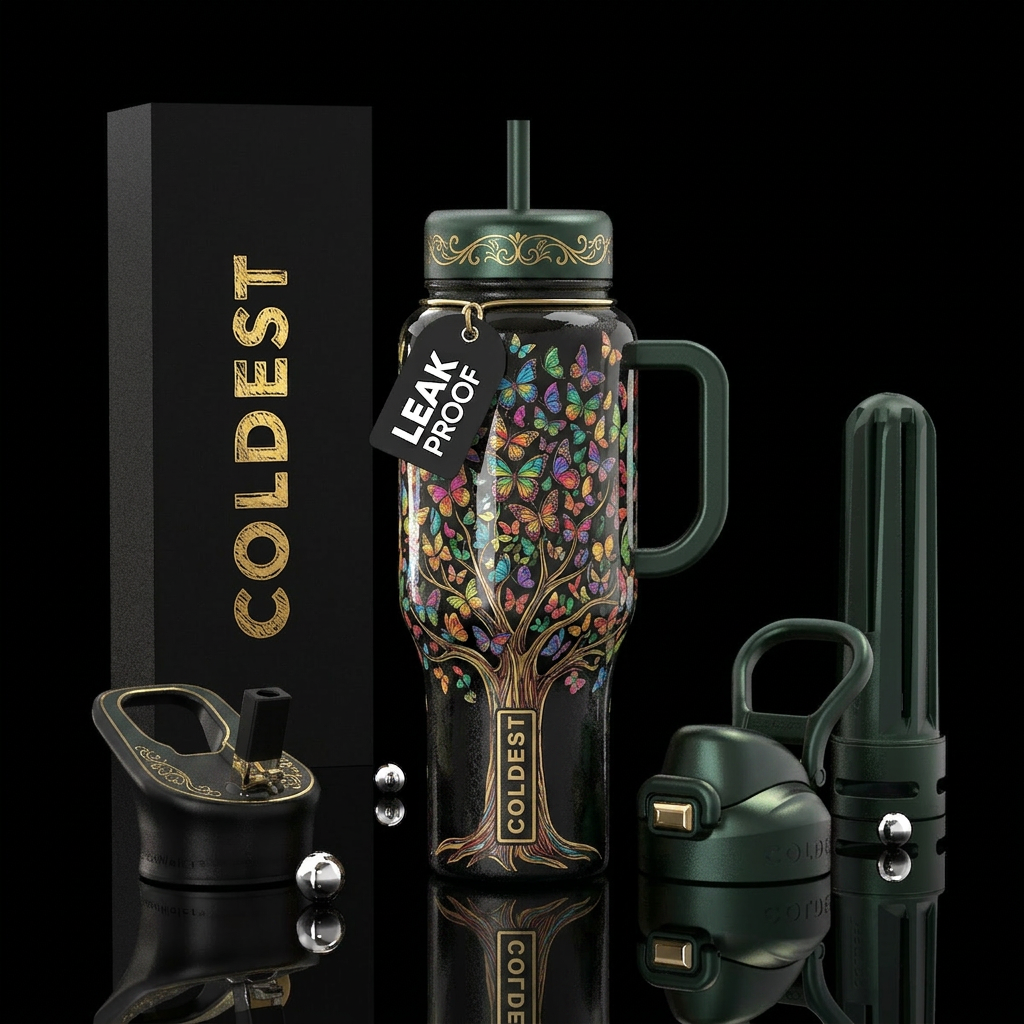 Shiny, Tree with limbs, leaves made of bold bright... water bottle design