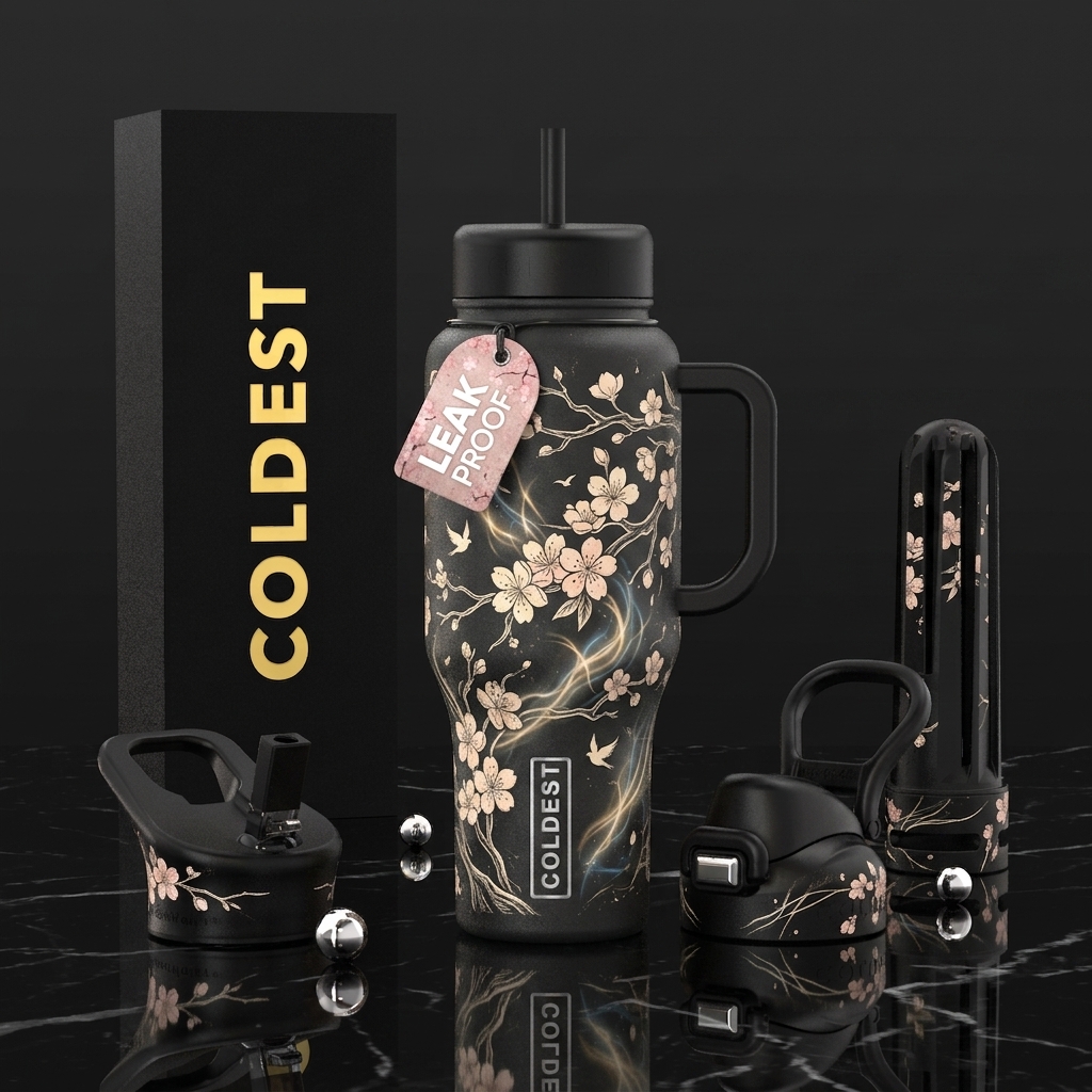 Creamy, hand drawn, cherry blossom season, delicat... water bottle design