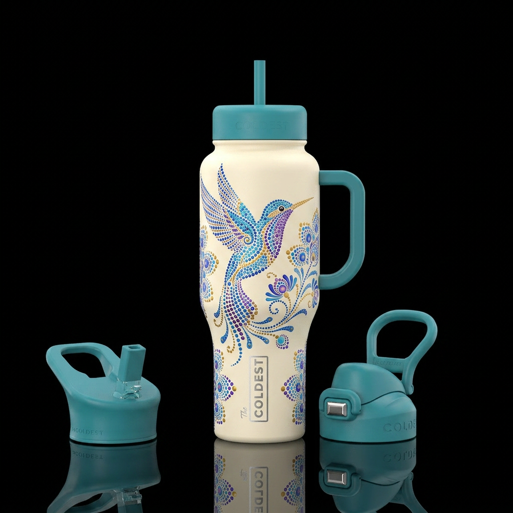 Hummingbird dot art water bottle design