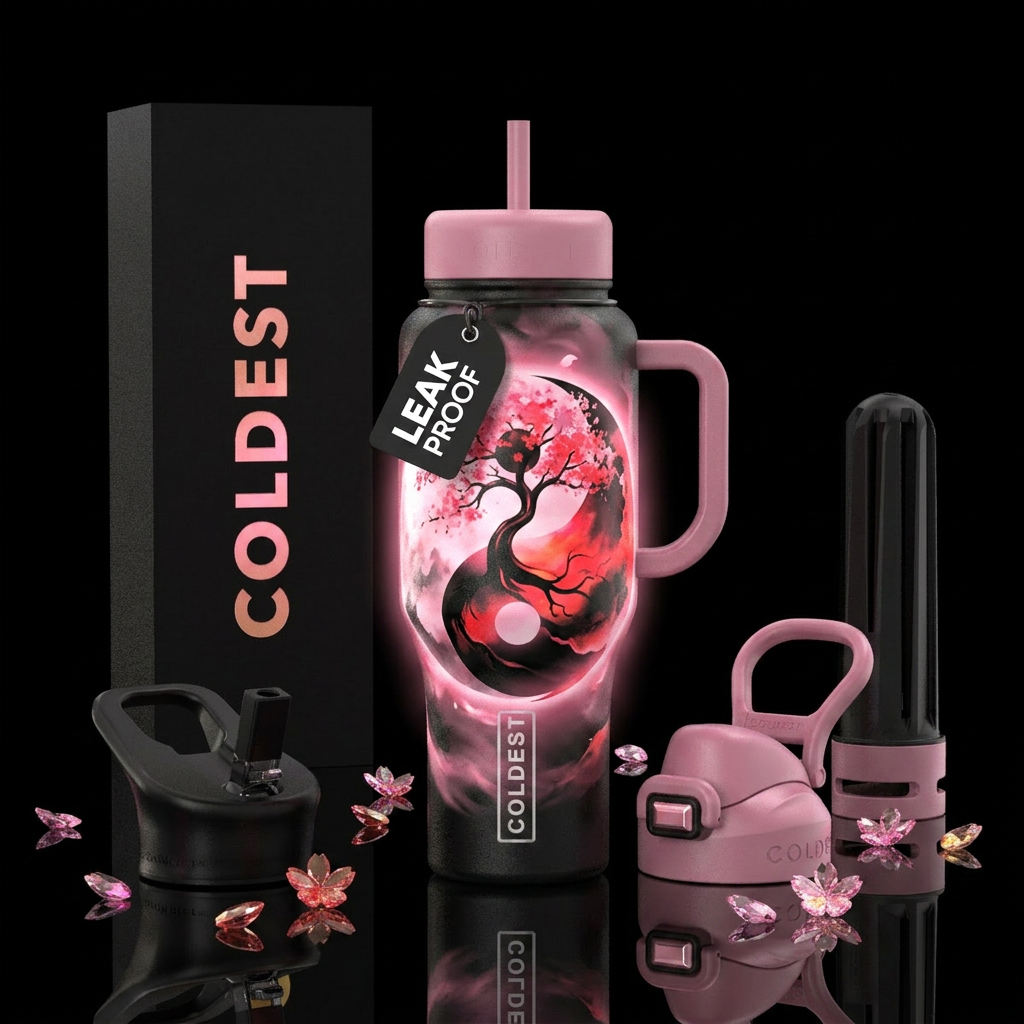 Yin and yang cherry tree, misty pink, no additiona... water bottle design