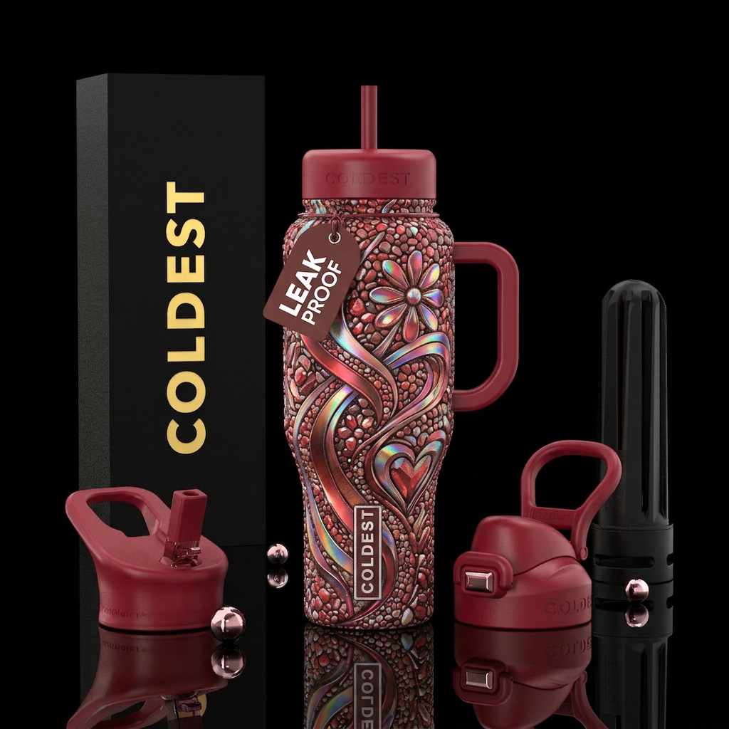 Red, Valentine, tiny pebble art, ribbons, duo chro... water bottle design
