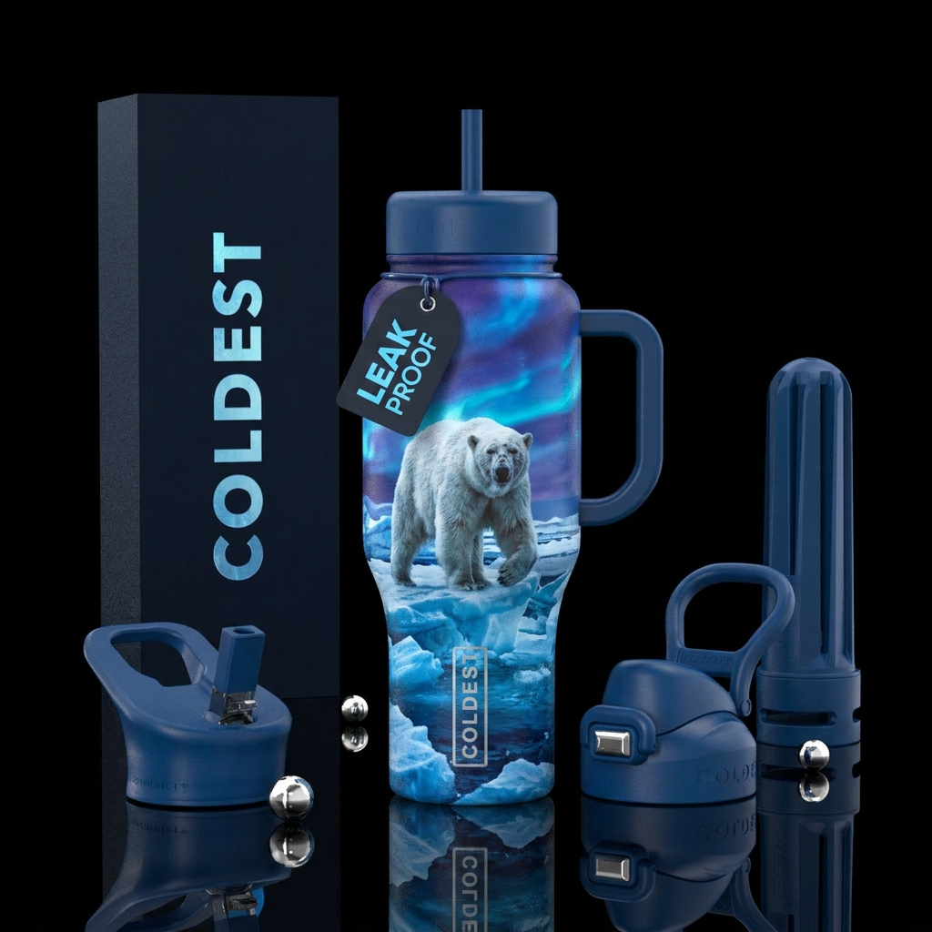 On ice berg in North Pole, distressed, fierce, pol... water bottle design