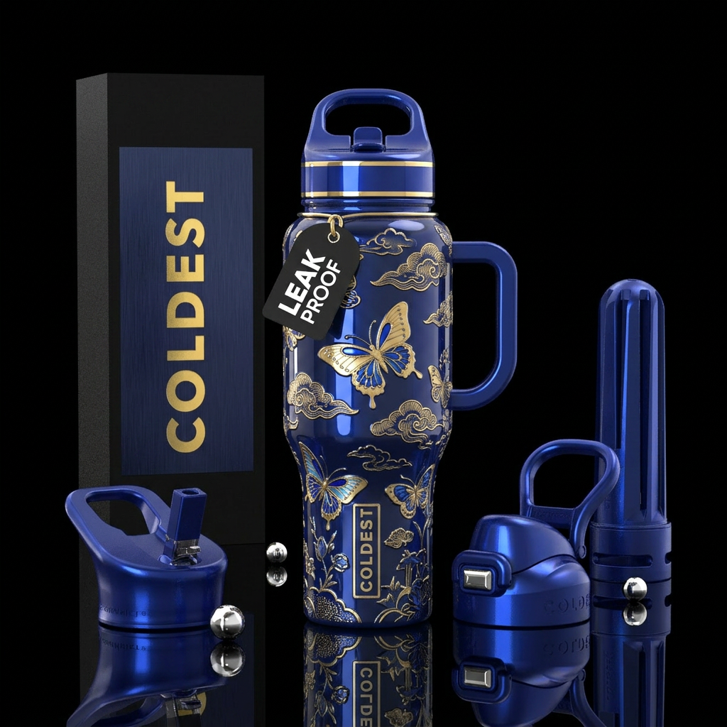 gold, navy, glossy, butterfly, chinoiserie, etchin... water bottle design