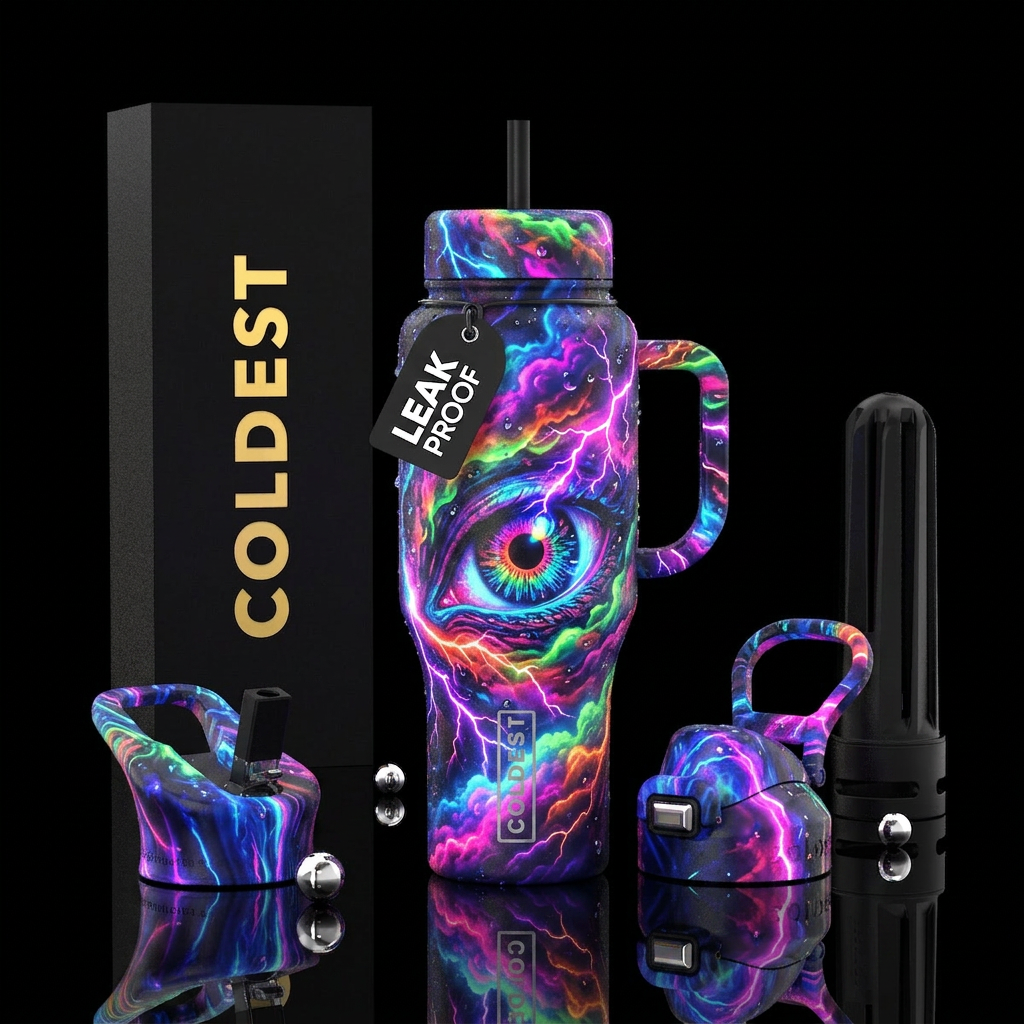 Eye of a neon storm, bold colors, neon lightning, ... water bottle design