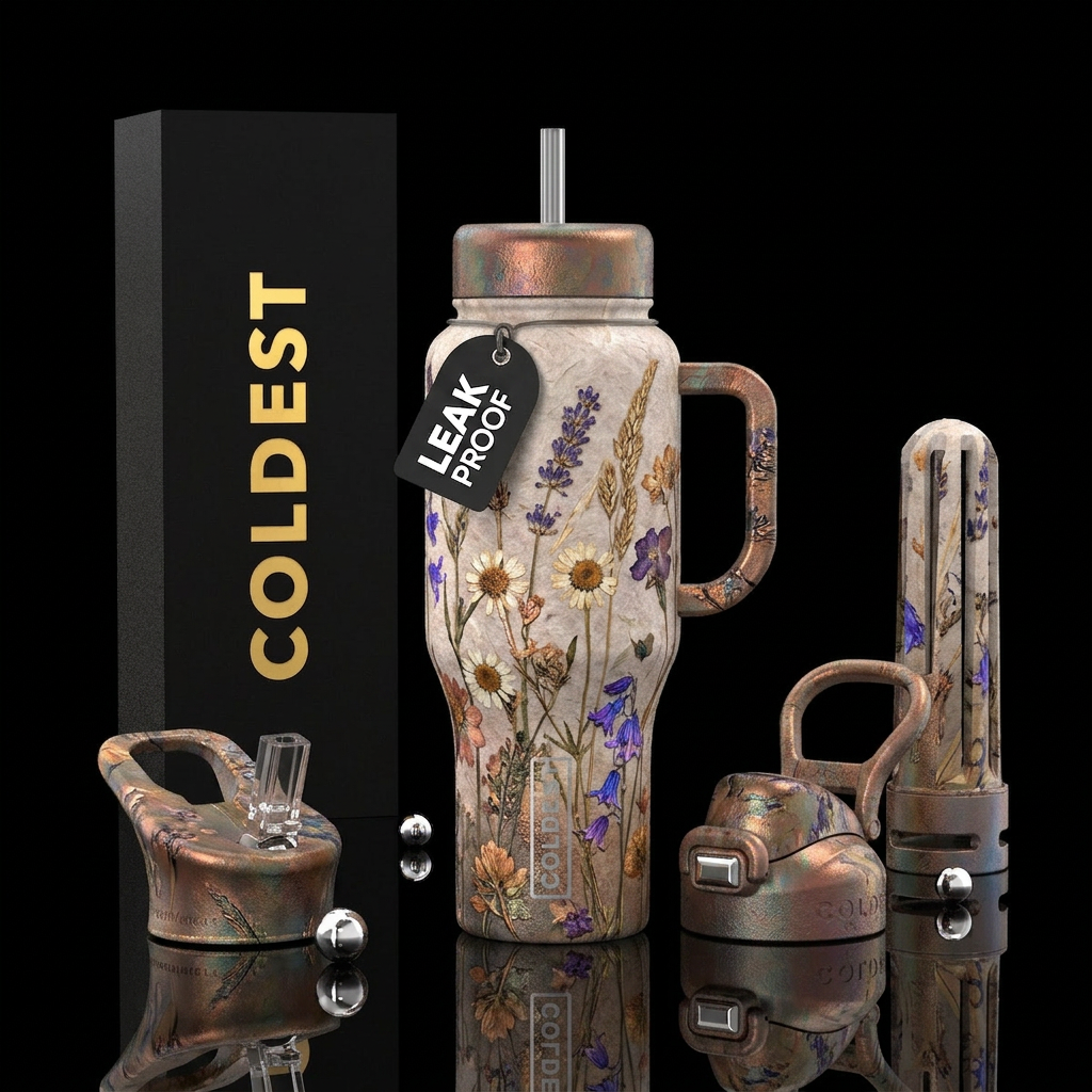 Dried pressed wild flowers, pressed into mulberry ... water bottle design