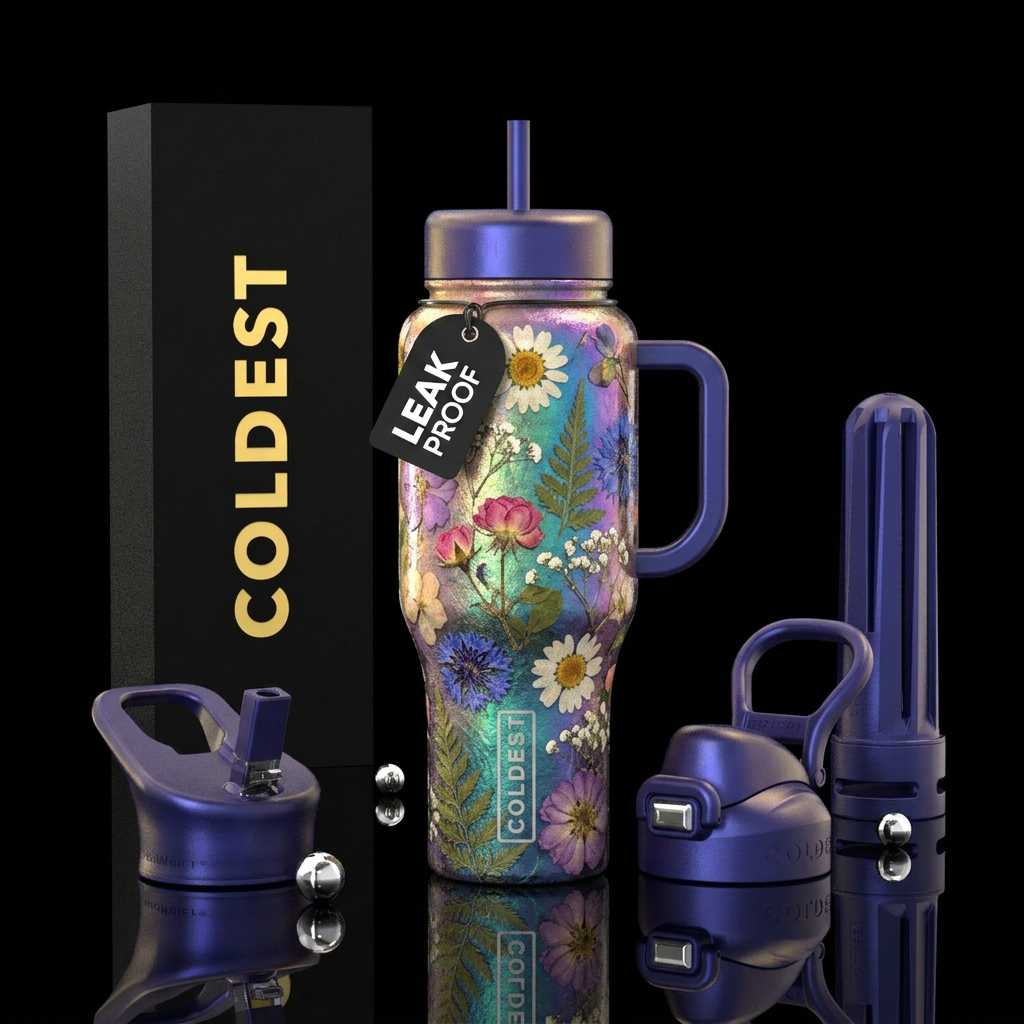 Dried pressed wild flowers, pressed into mulberry ... water bottle design