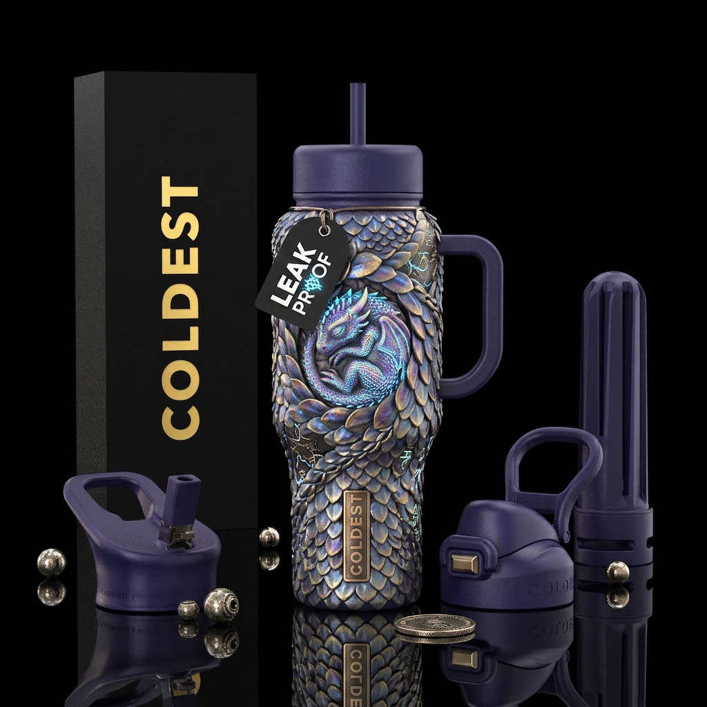 Detailed scales of different colors, high detail, ... water bottle design