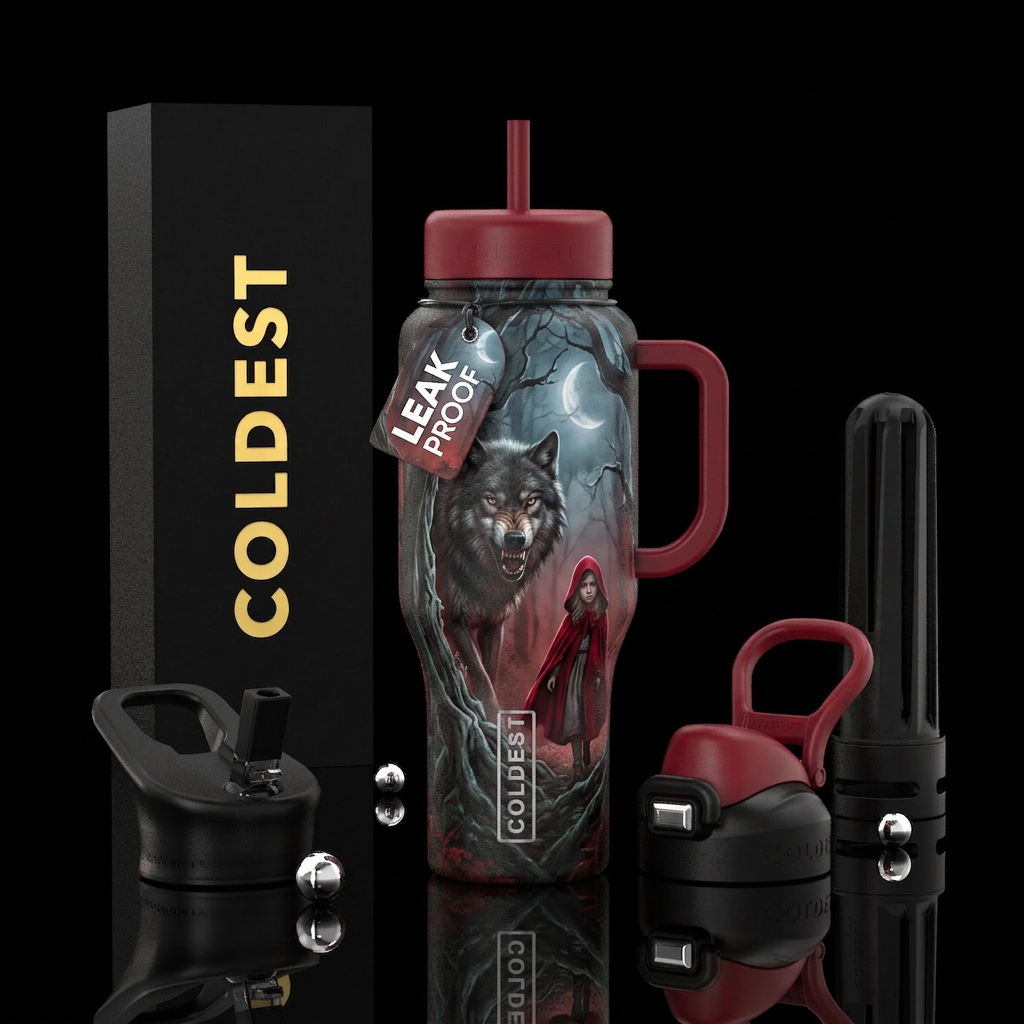 Dark foggy red, moonlight, Scary, Big bad wolf in ... water bottle design
