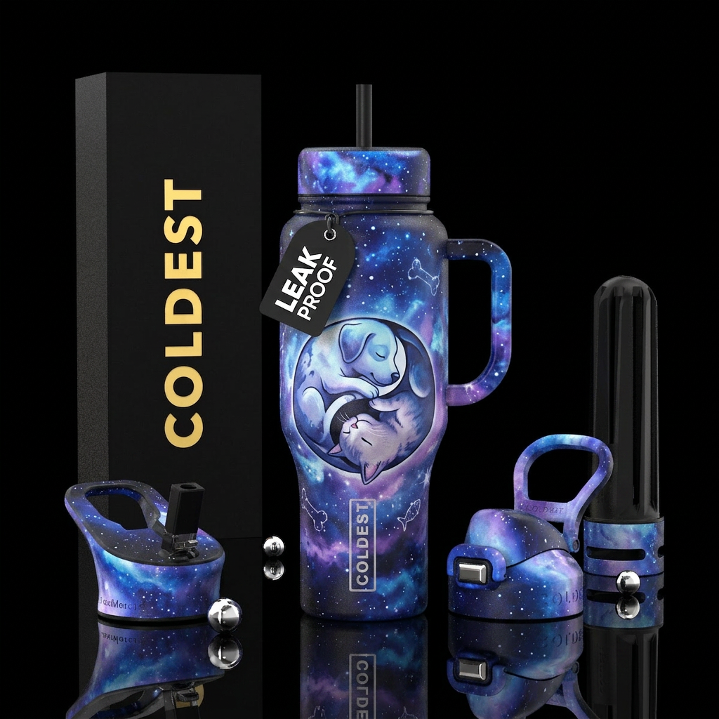 Ying yang with a dog and cat, humor, starry night,... water bottle design