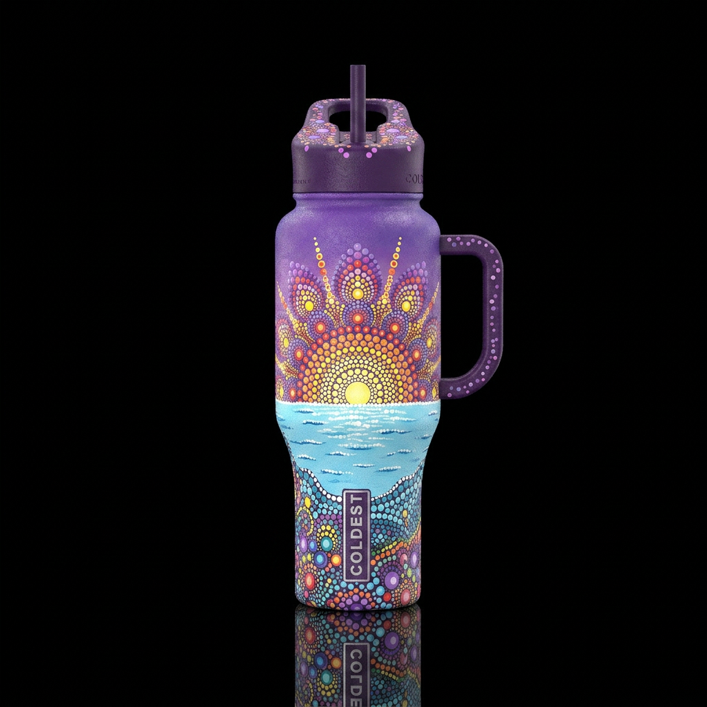 Abstract dot art, purple sky with huge sun at wate... water bottle design