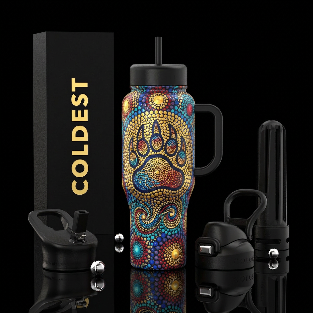 Bright flares of bold colors, swirls of dot art ar... water bottle design
