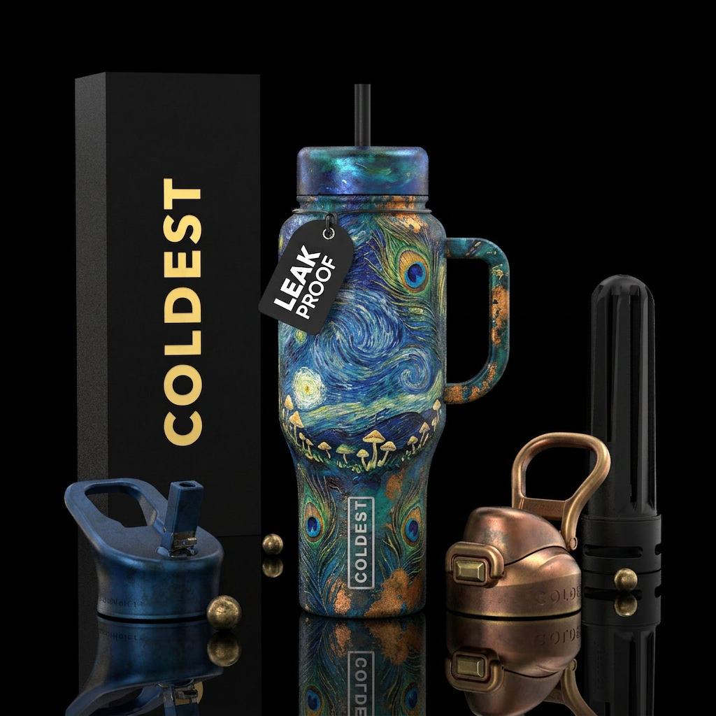 Starry peacock water bottle design