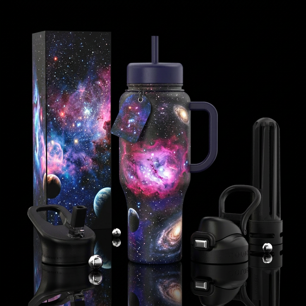 A cosmic journey water bottle design