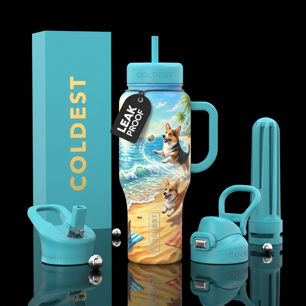Two corgis at the beach, playing, sunny, water bottle design