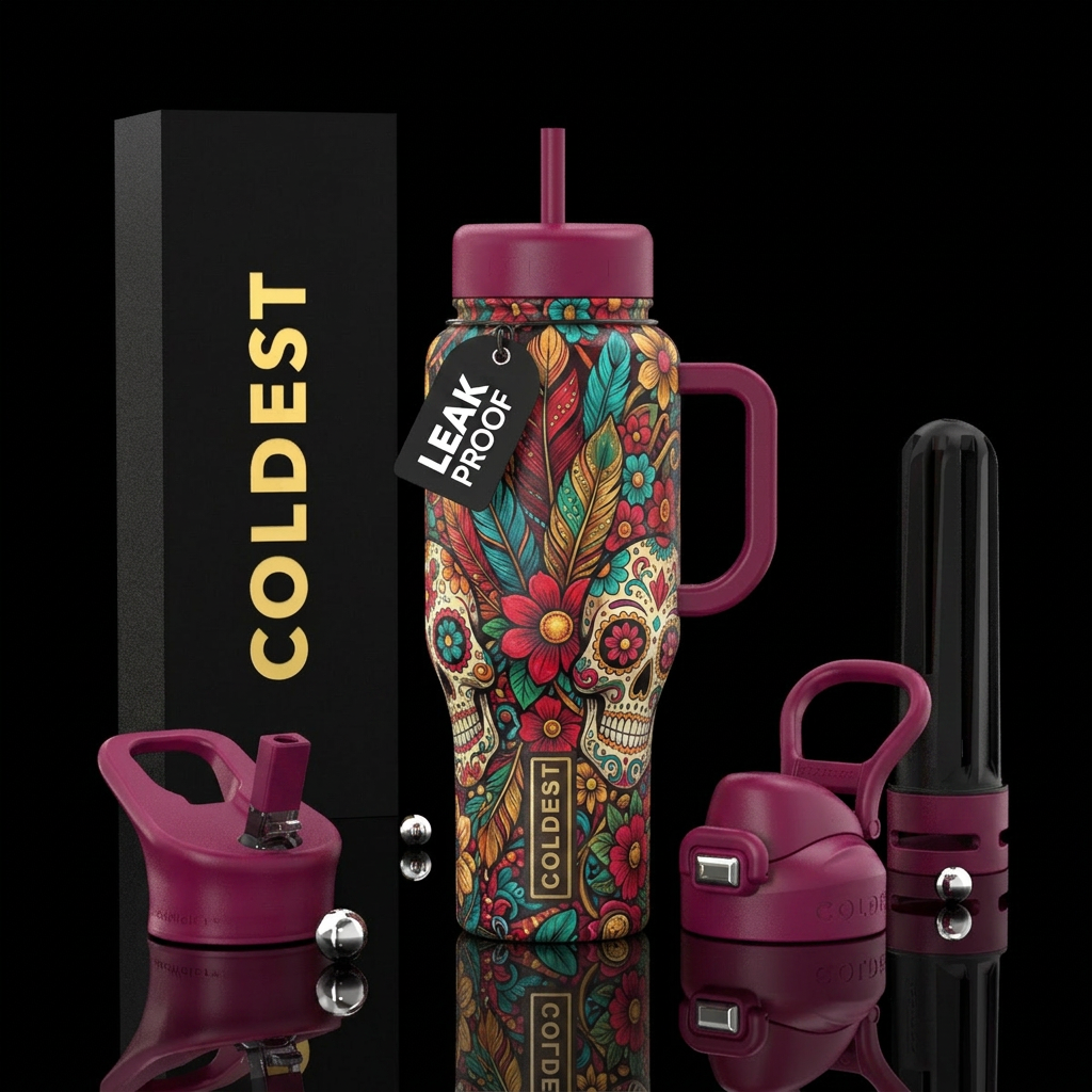 Feathers, flowers and skulls water bottle design