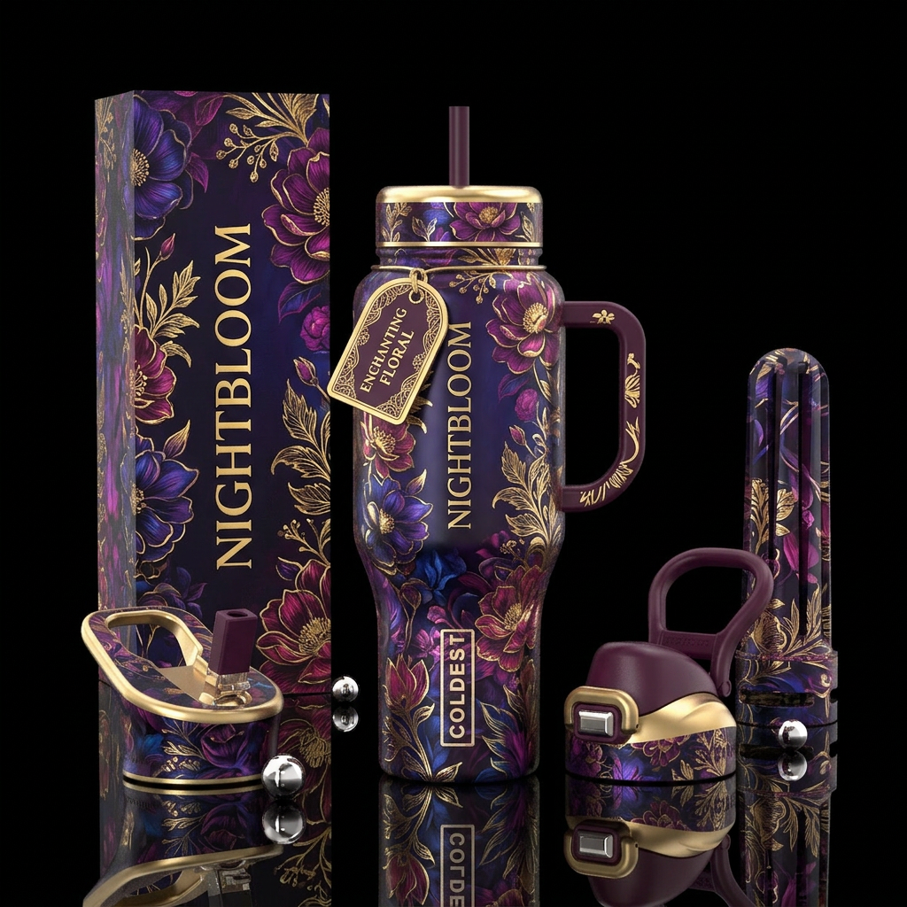 Nightbloom Gold Chrim Floral, enchanting, moody, g... water bottle design