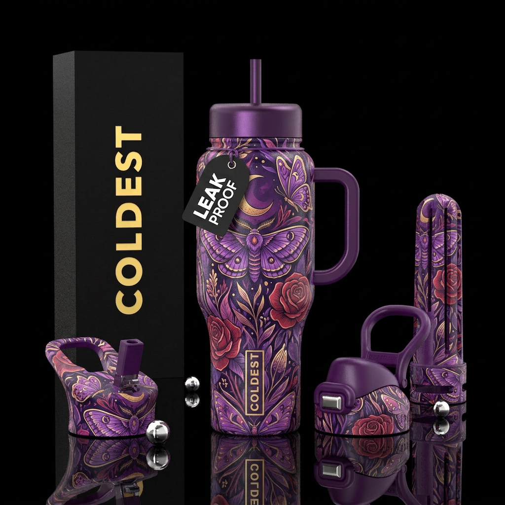 Purple Moth Butterfly Rose Plant Moon, abstract, water bottle design