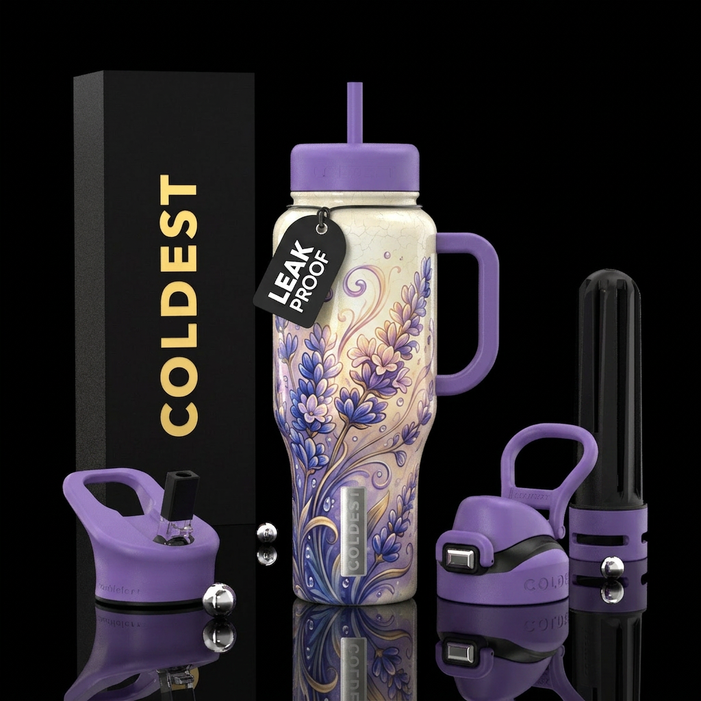 Cream and Lavendar water bottle design