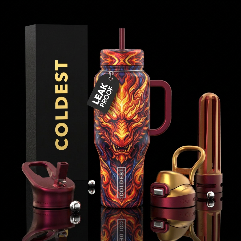 Mirrored dragon fire, water bottle design