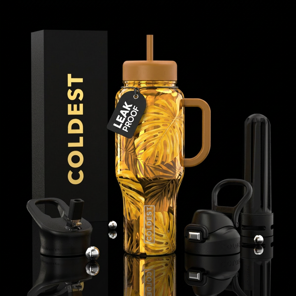 Mirrored Boca palms marigold water bottle design