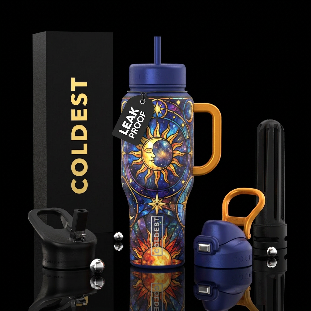 Celestial sun moon star water bottle design