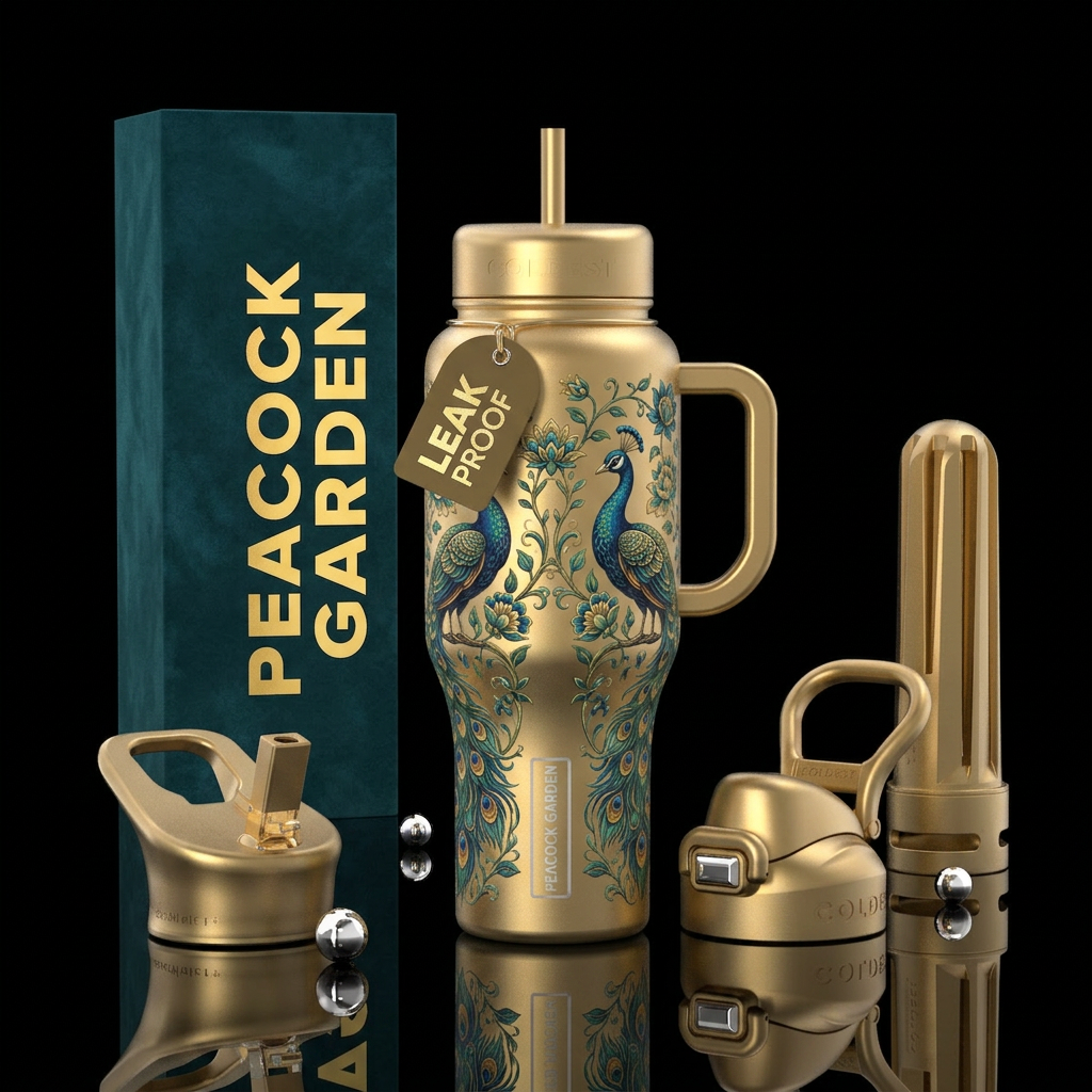 Secret peacock garden water bottle design