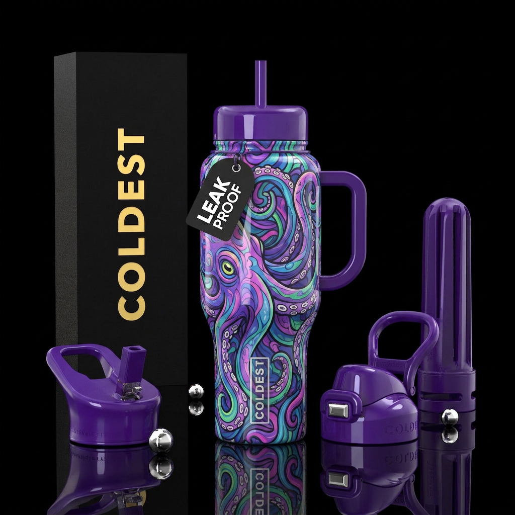Purple Psychedelic octopus water bottle design