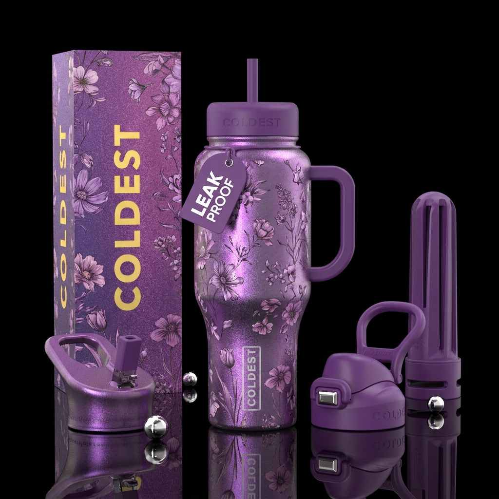 Purple floral water bottle design