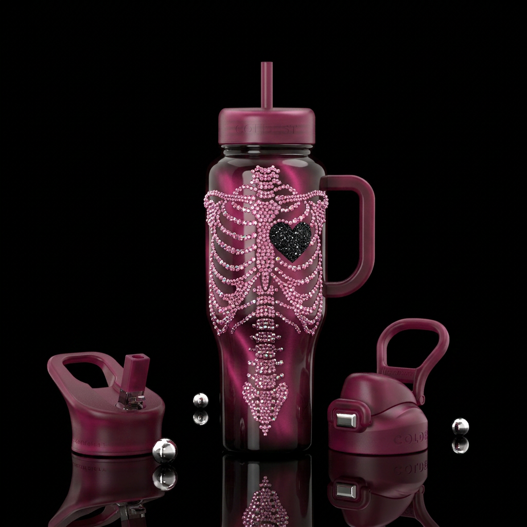 Cat eye dark Pink bottle with pink rhinestone outl... water bottle design