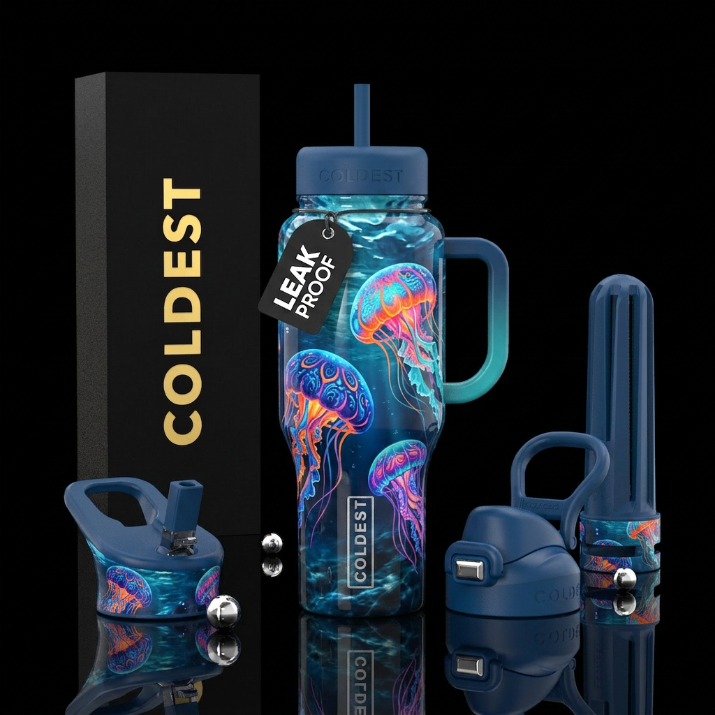 Realism, bold color,, glossy ocean, Three abstract... water bottle design