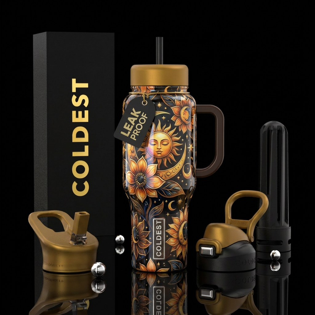 Celestial sun moon and flowers water bottle design