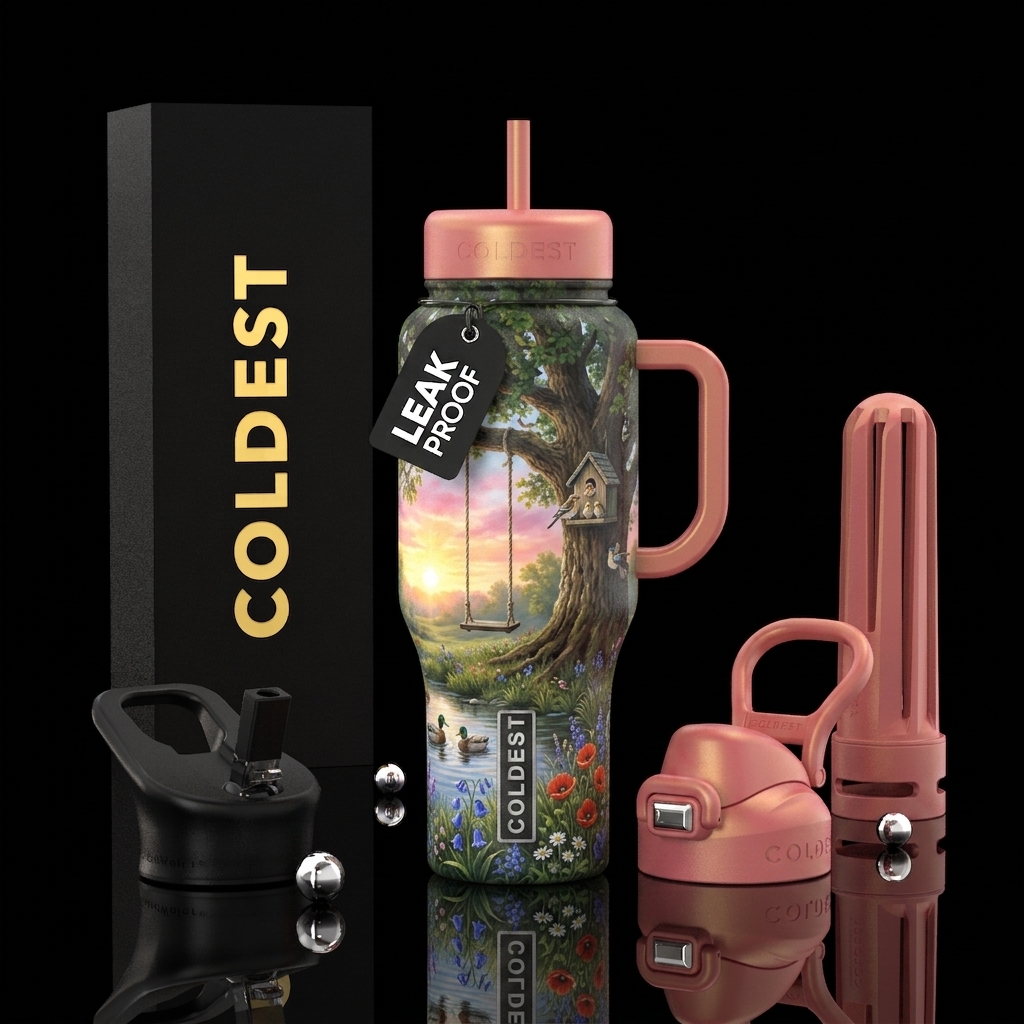 Giant oak tree with rope swing, hand made painted ... water bottle design