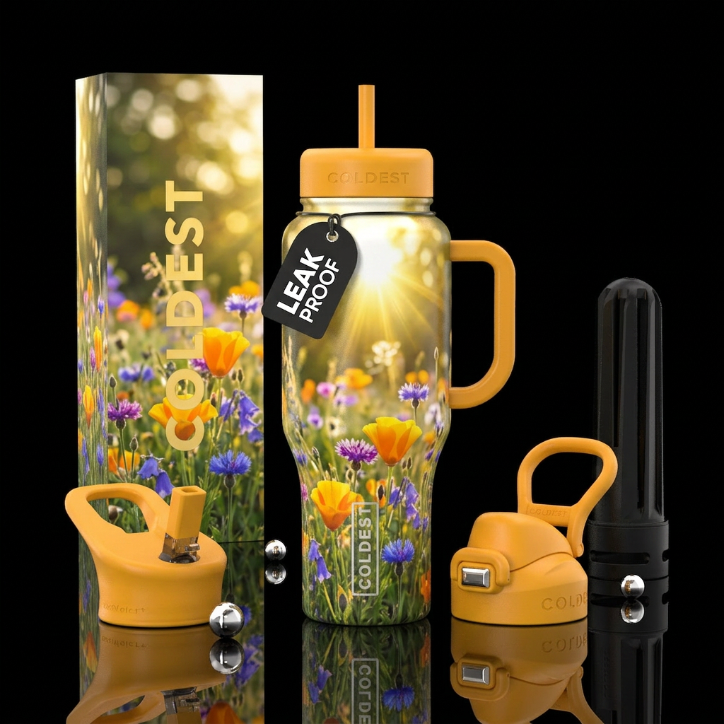 Out of focus backgroup, wildflower in focus at fro... water bottle design
