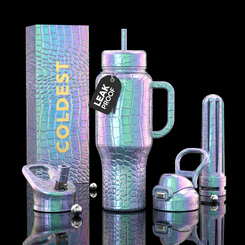 Iridescent Pearl crocodile water bottle design