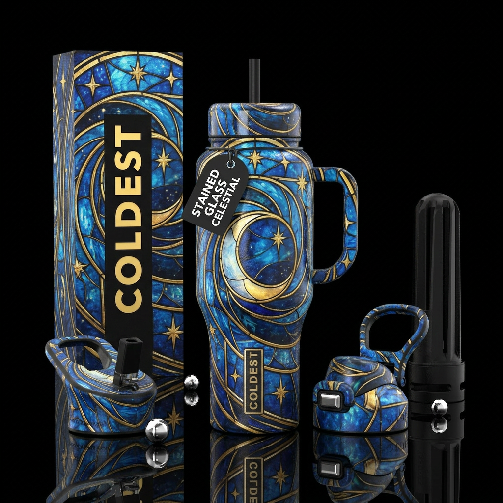 Spaital, Realism, gold swirl with tips around moon... water bottle design