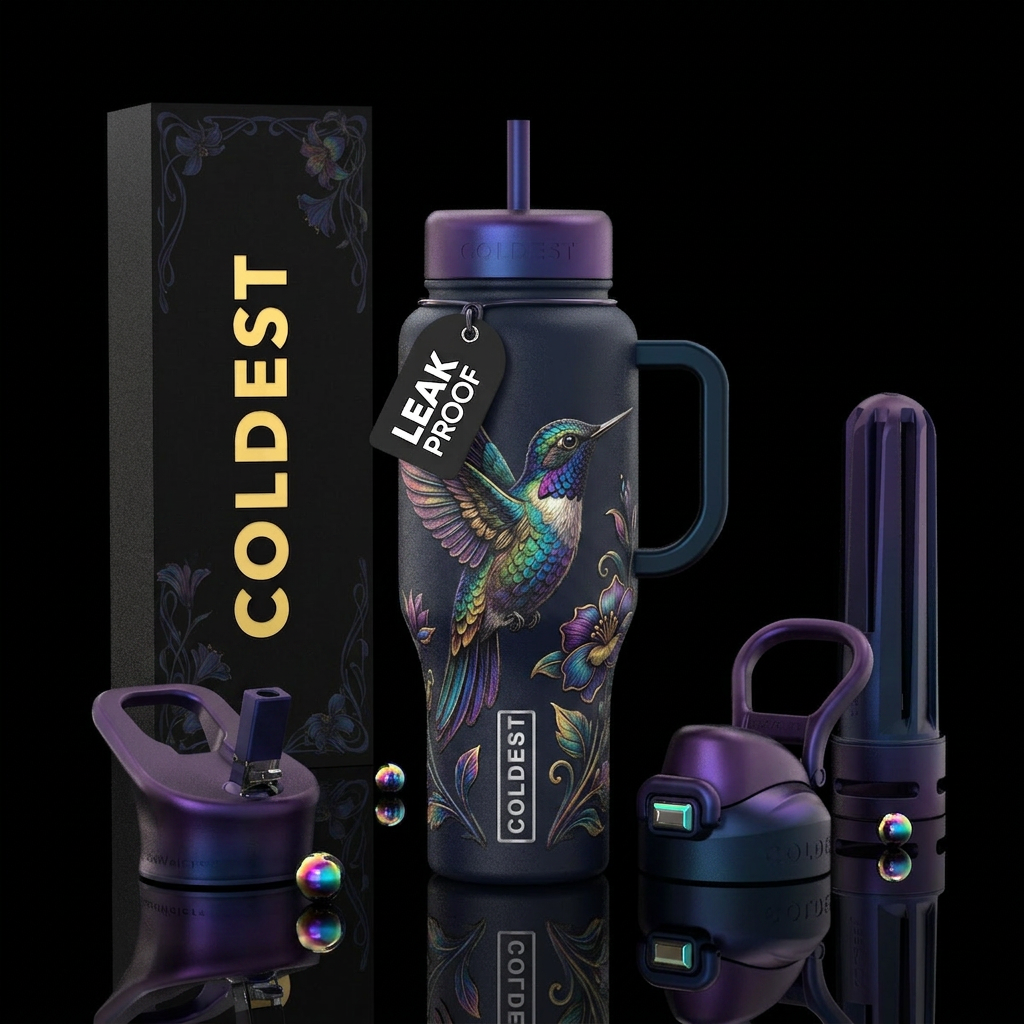 Midnight hummingbird water bottle design