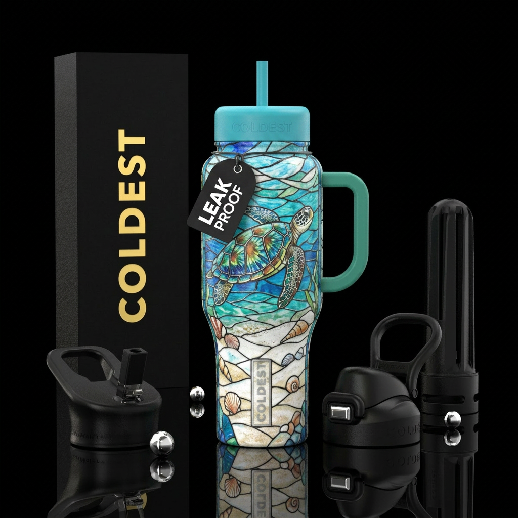 Turtle on white sand beach water bottle design