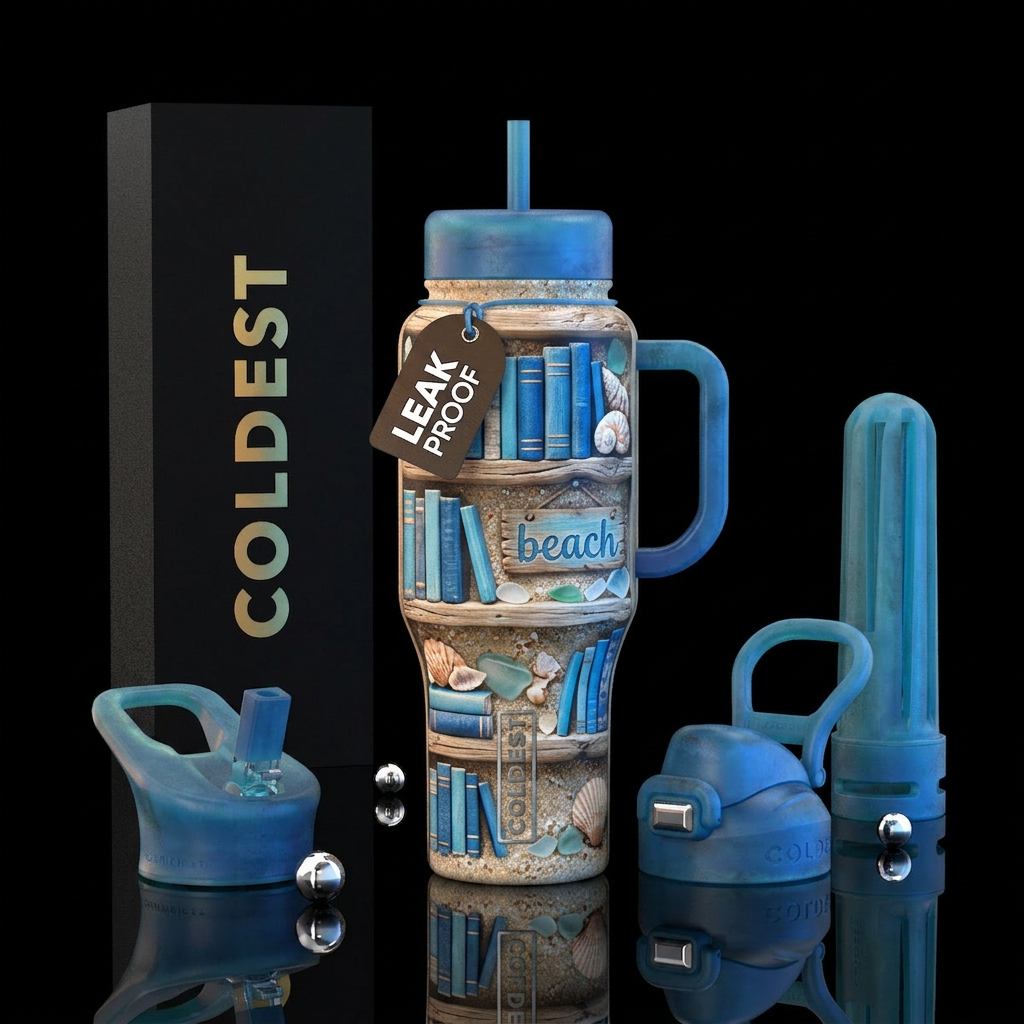 Beach bookcase water bottle design