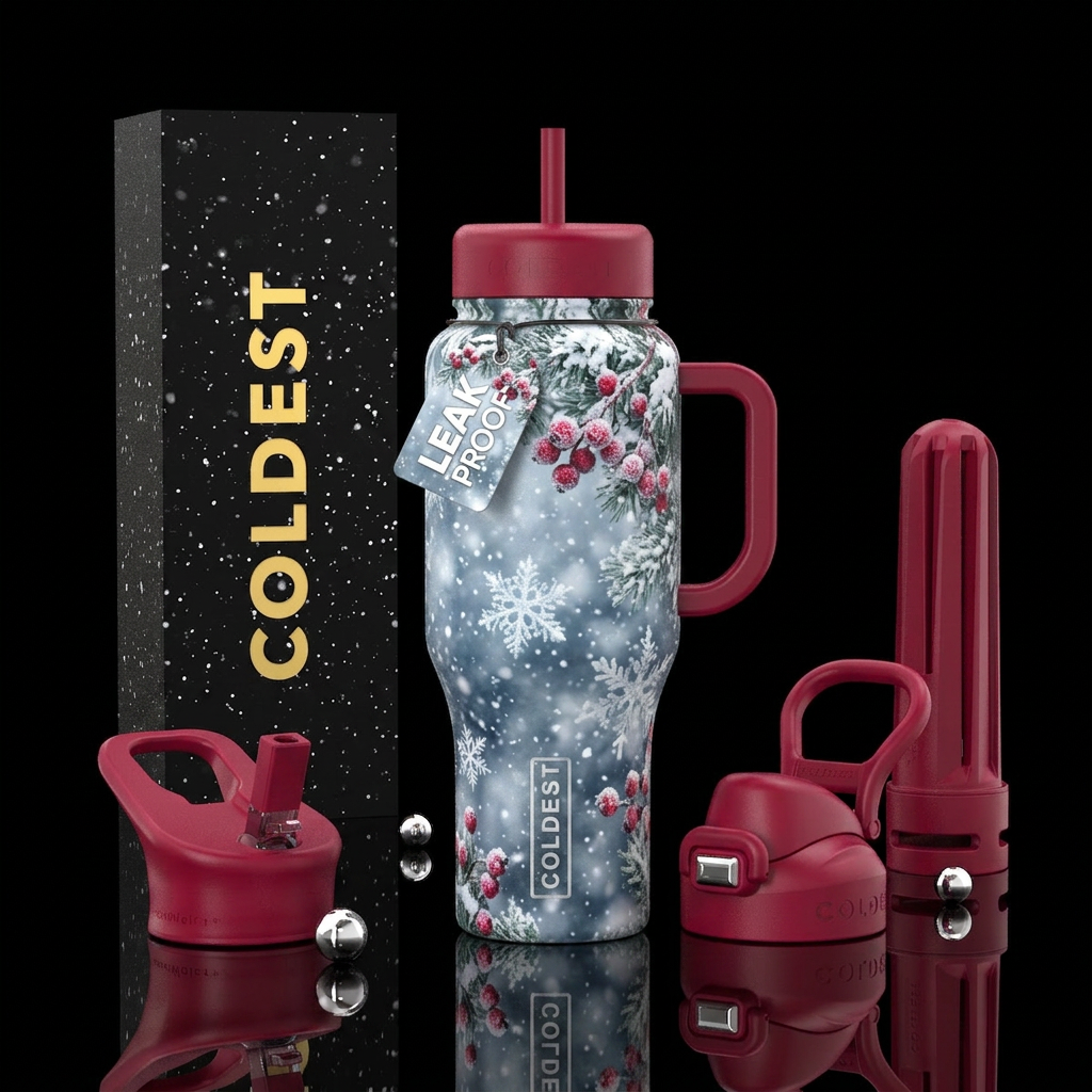 Christmas, snow storm, huge snow flakes, berries i... water bottle design