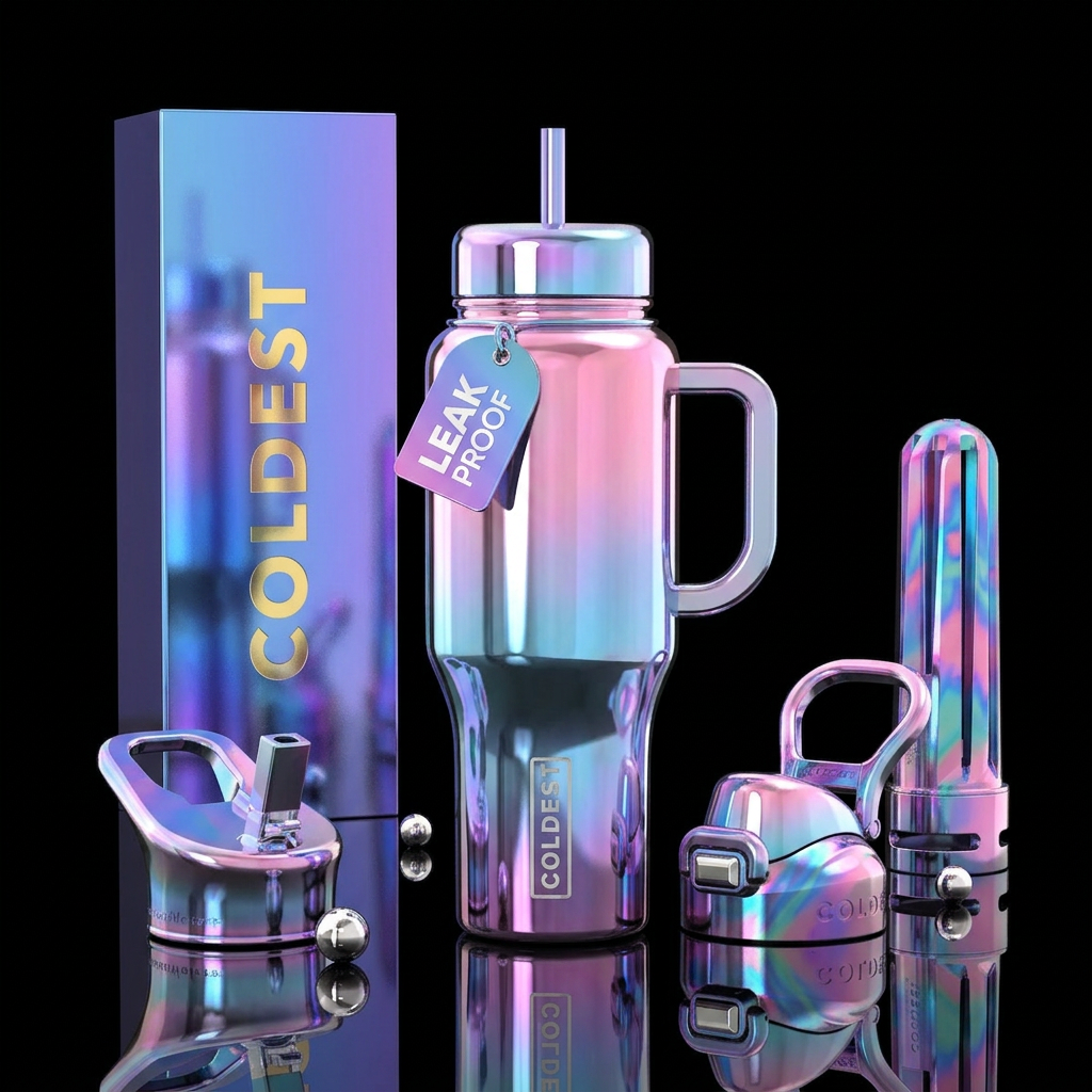 Cotton candy chrome water bottle design