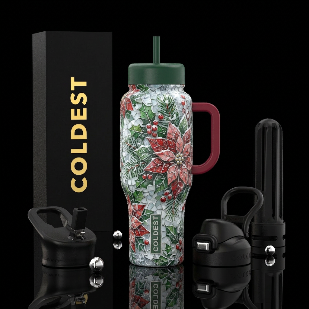 Christmas Florals Faux Mosaic water bottle design