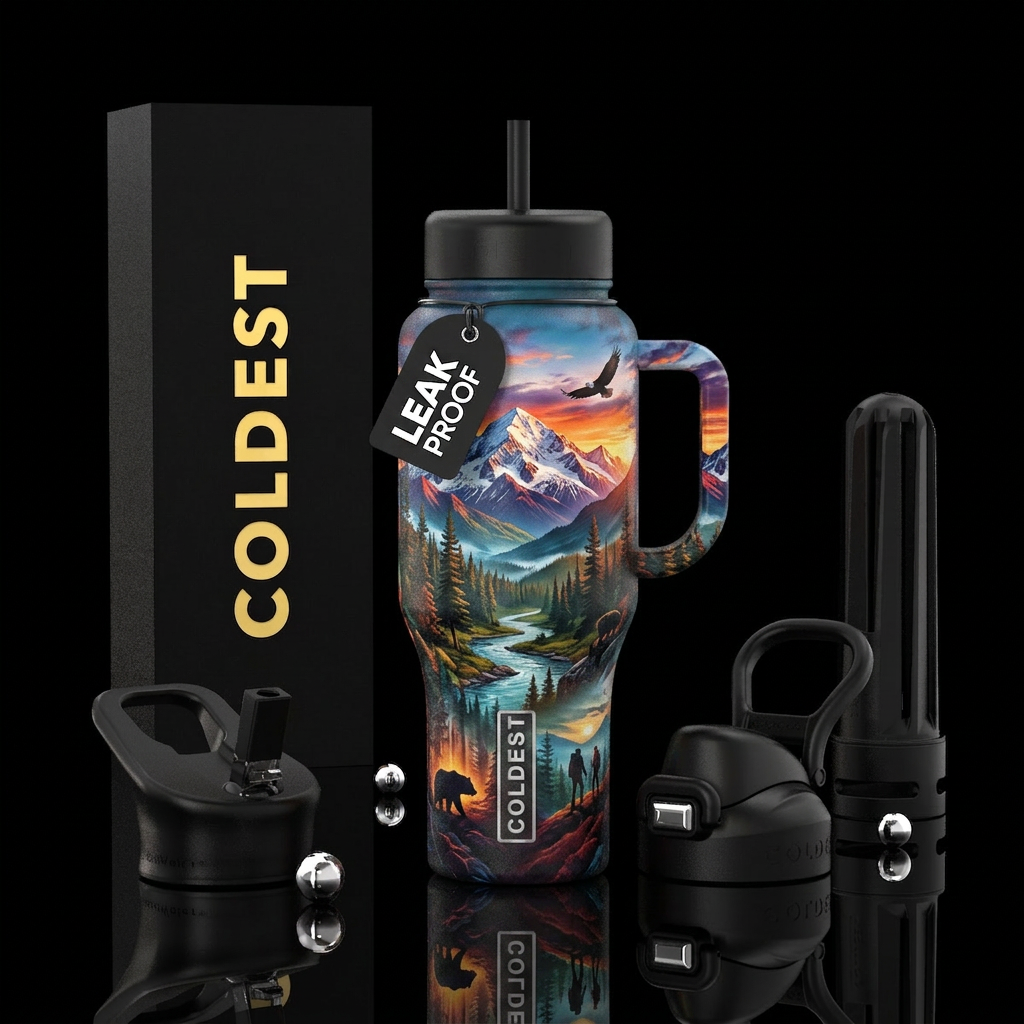 Outdoor Mountain Lover, laser, realism, water bottle design