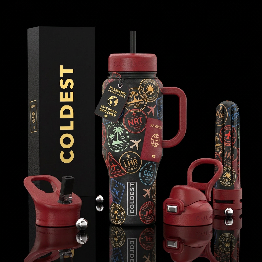 Passport Stamps water bottle design