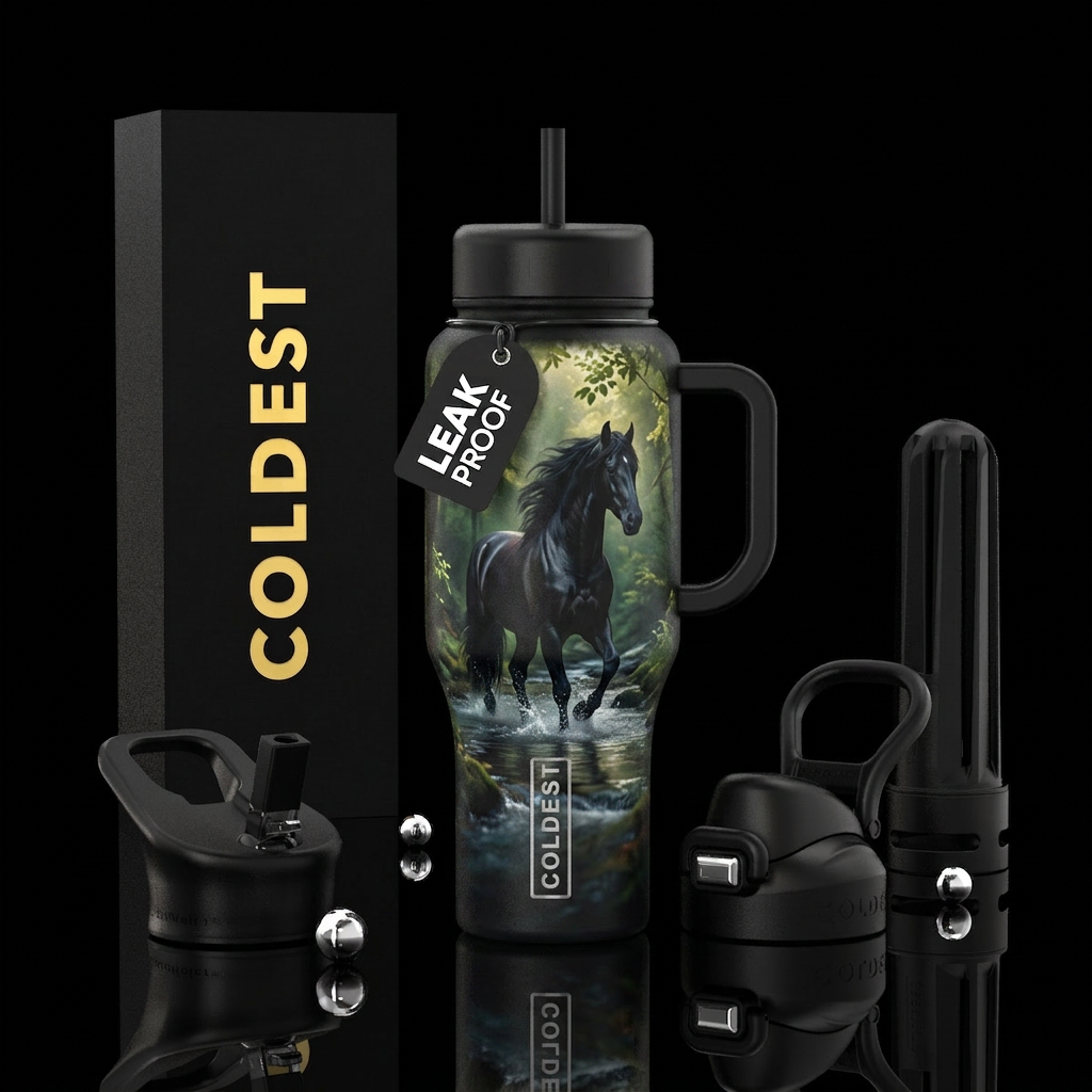 cinematic nature photography of a majestic-black s... water bottle design