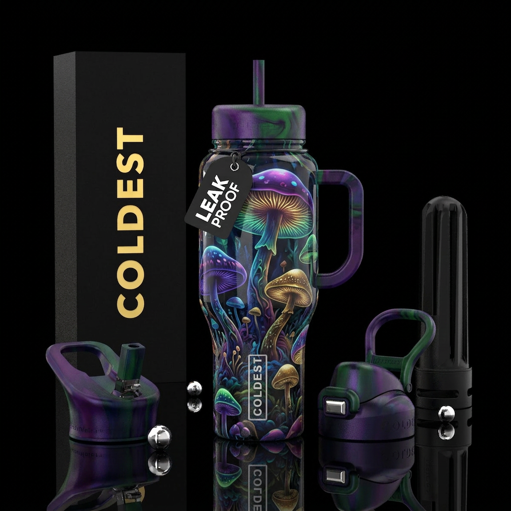 Midnight mushrooms water bottle design
